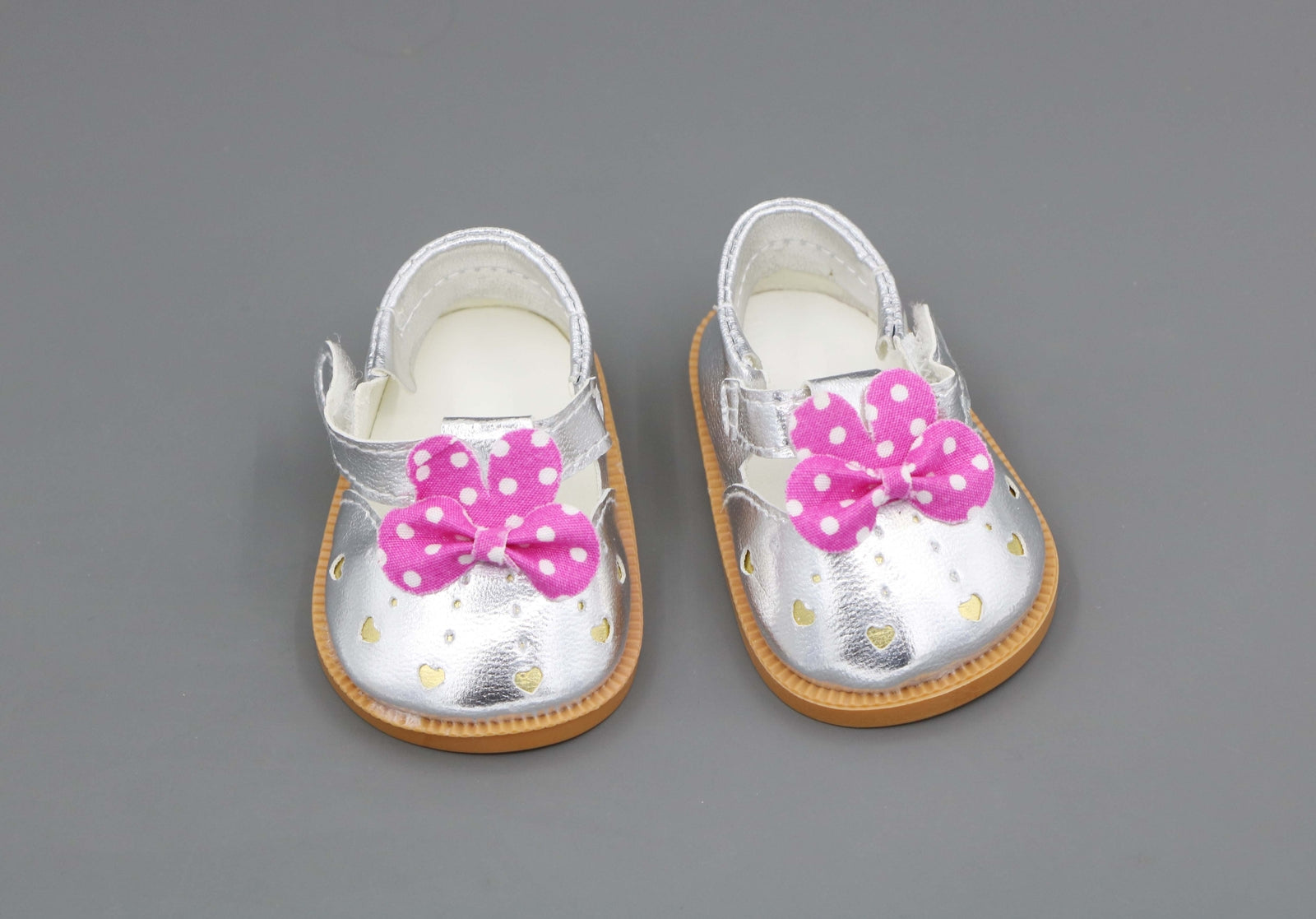 Silver Shimmer Flats with Pink Flower for 18" Doll shoes