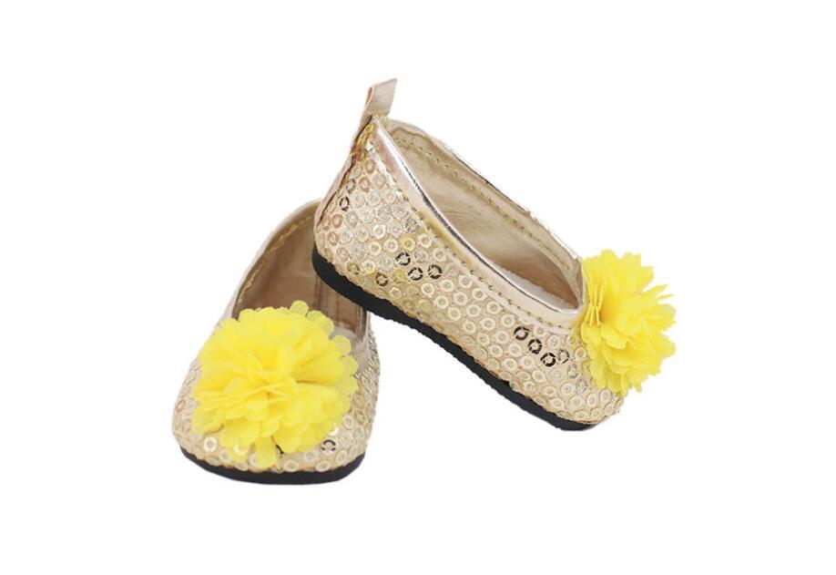 Yellow Sequin Flower Slip-On Flats made for 18'' doll shoes