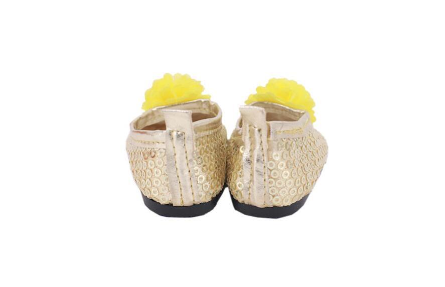 Yellow Sequin Flower Slip-On Flats made for 18'' doll shoes