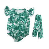 18" Doll Beach Swimsuit Outfit | Green Leaf Print with Hat & Headband