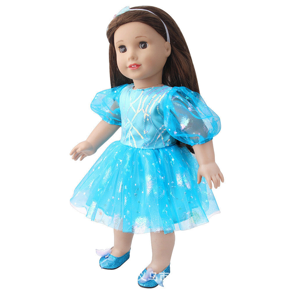 Blue Bubble-Sleeve Party Dress & Headband Set | 18" Doll Outfit