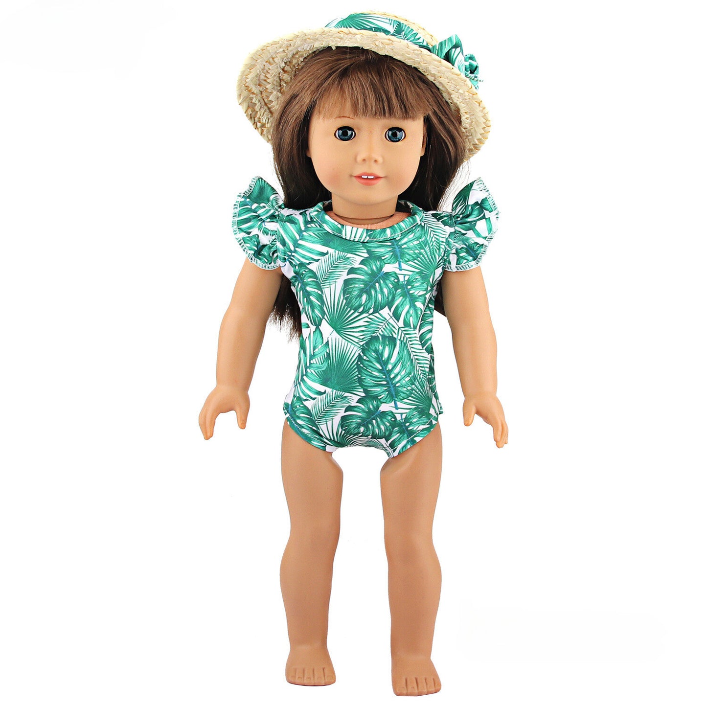 18" Doll Beach Swimsuit Outfit | Green Leaf Print with Hat & Headband