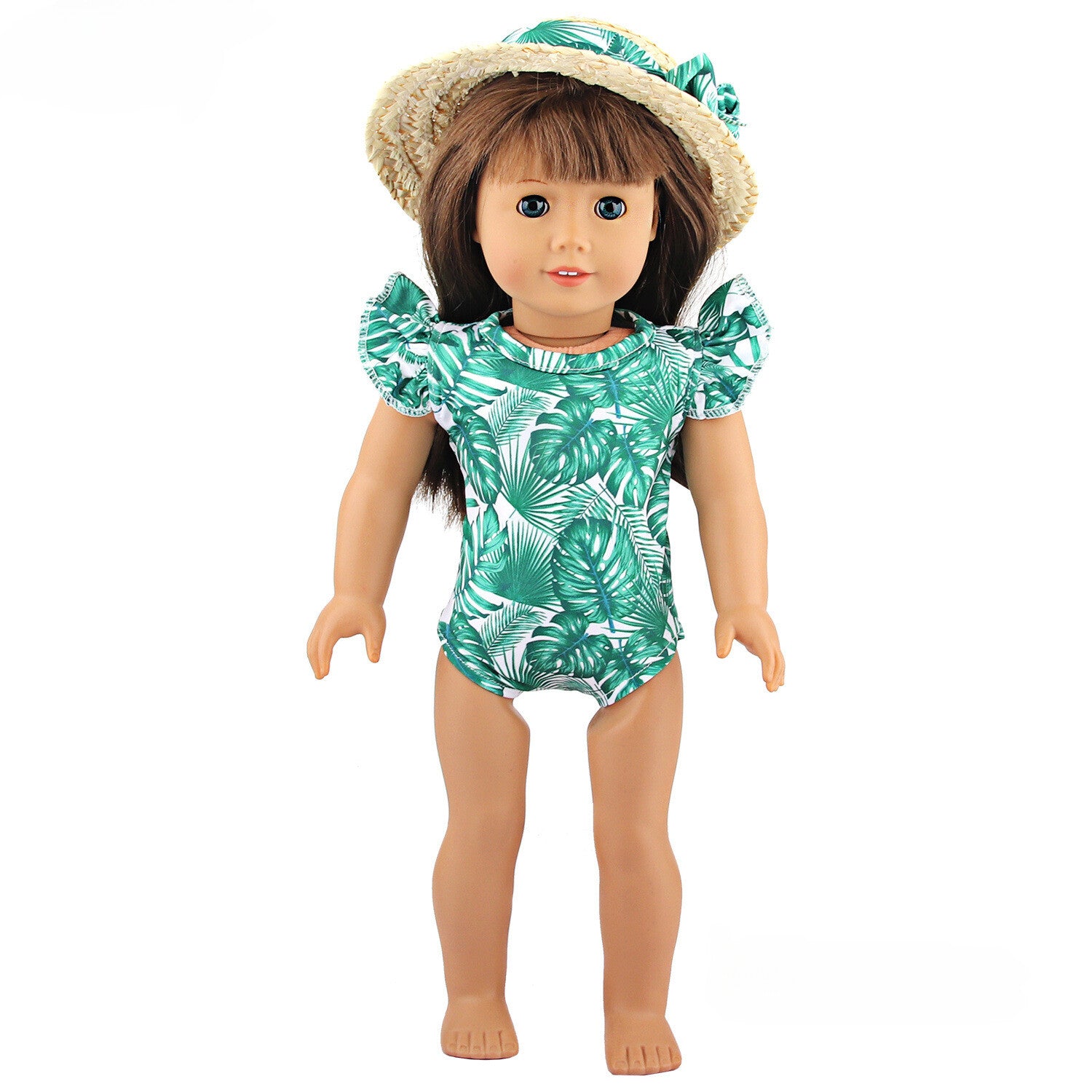 18" Doll Beach Swimsuit Outfit | Green Leaf Print with Hat & Headband