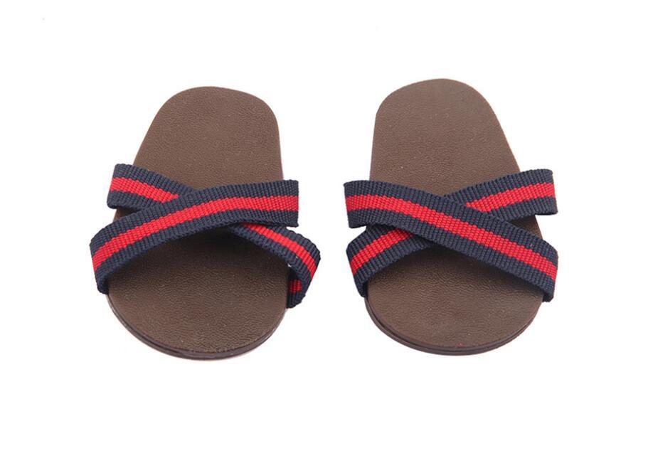 Summer Cross-Strap Sandals for 18" Doll - Brown with Red & Blue Stripes