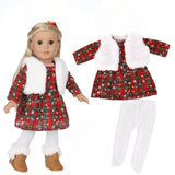 Red Plaid Christmas Outfit Set for 18" Doll | Shirt, Fur Vest & Tights