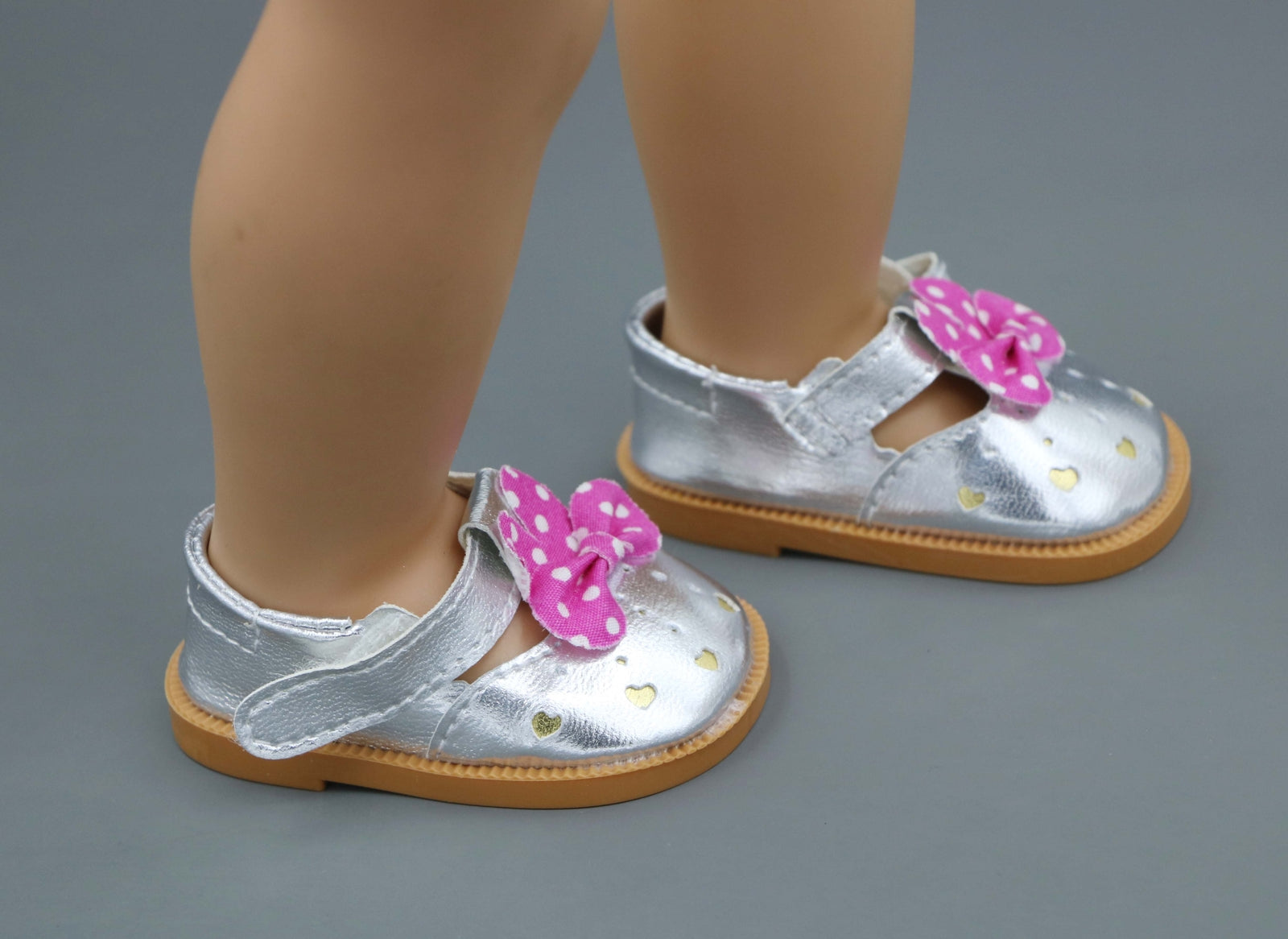 Silver Shimmer Flats with Pink Flower for 18" Doll shoes