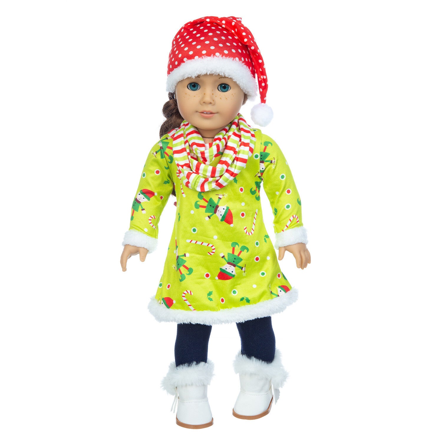 18" Doll Christmas Dress Outfit Set with Hat & Scarf (3 Styles)