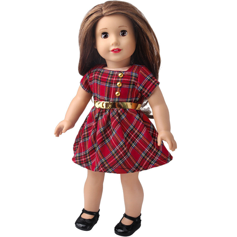 Checkered dress & belt made for 18'' doll outfit party clothes