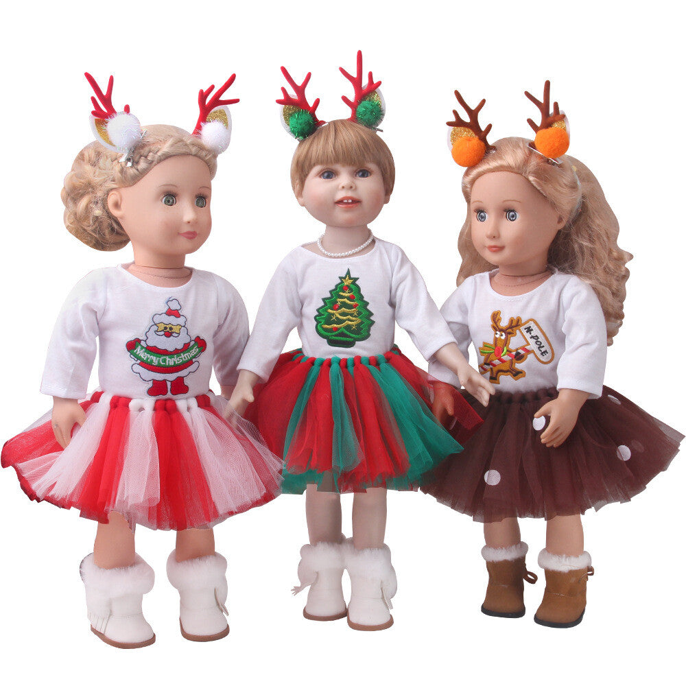 Christmas Gauze Skirt Outfit with Deer Hair Clips for 18" Dolls Clothes