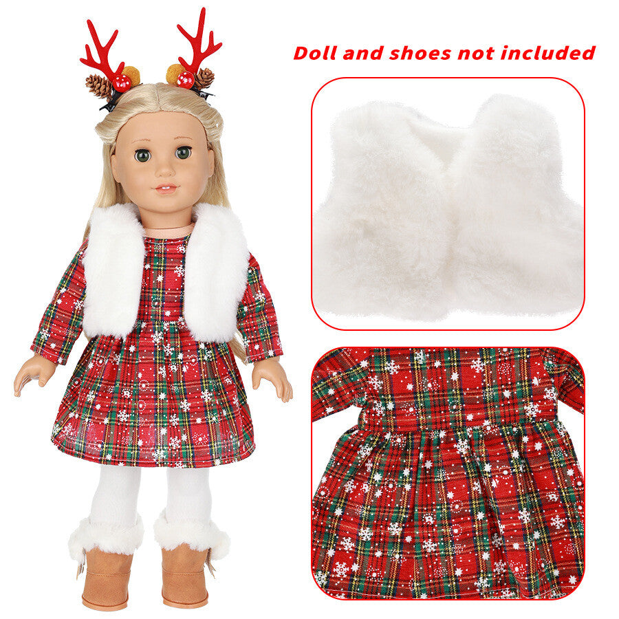 Red Plaid Christmas Outfit Set for 18" Doll | Shirt, Fur Vest & Tights