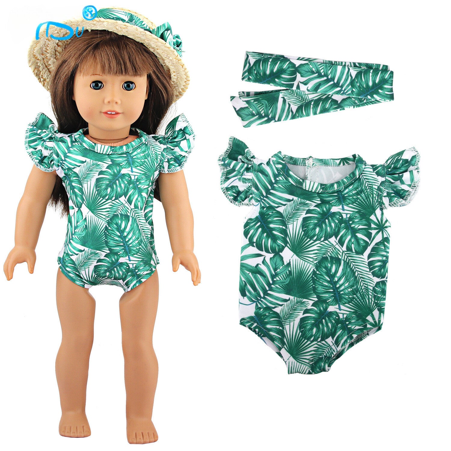 18" Doll Beach Swimsuit Outfit | Green Leaf Print with Hat & Headband