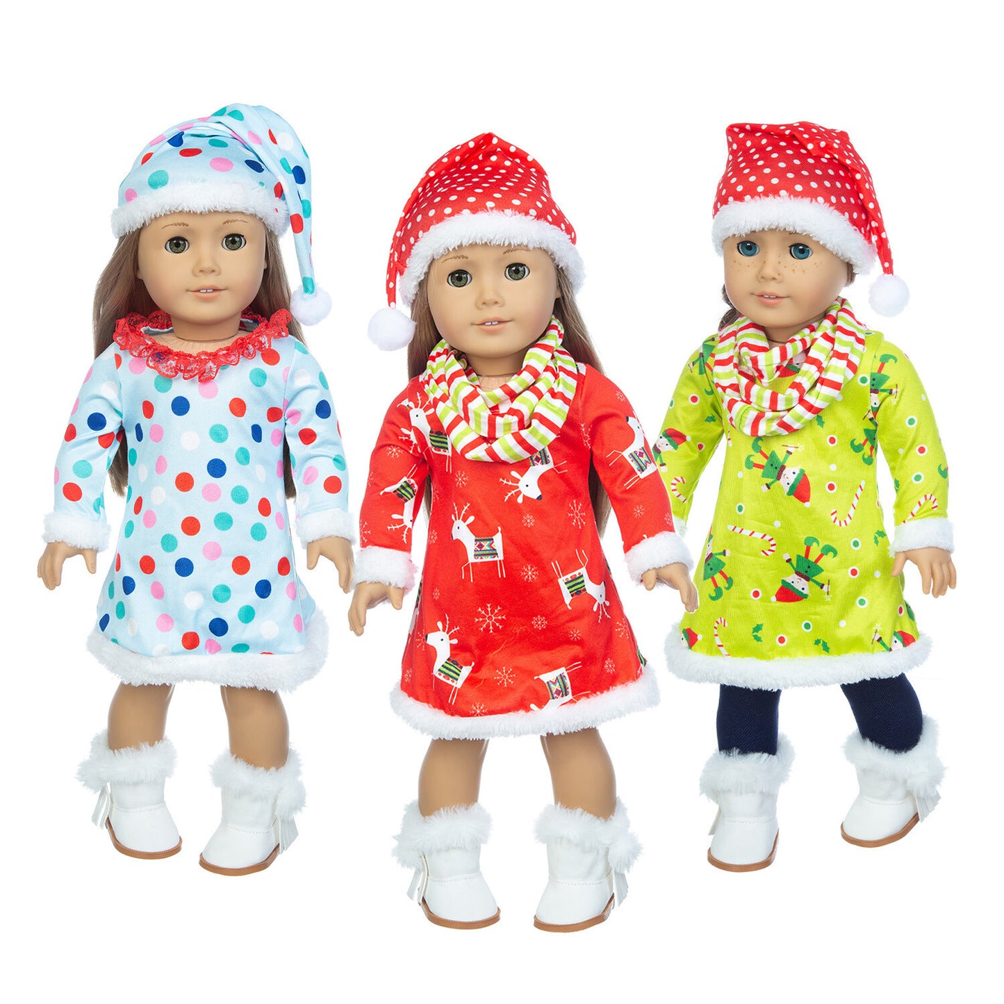 18" Doll Christmas Dress Outfit Set with Hat & Scarf (3 Styles)