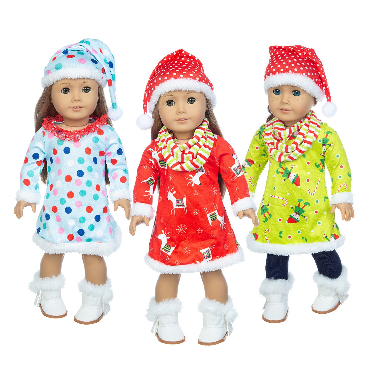 18" Doll Christmas Dress Outfit Set with Hat & Scarf (3 Styles)