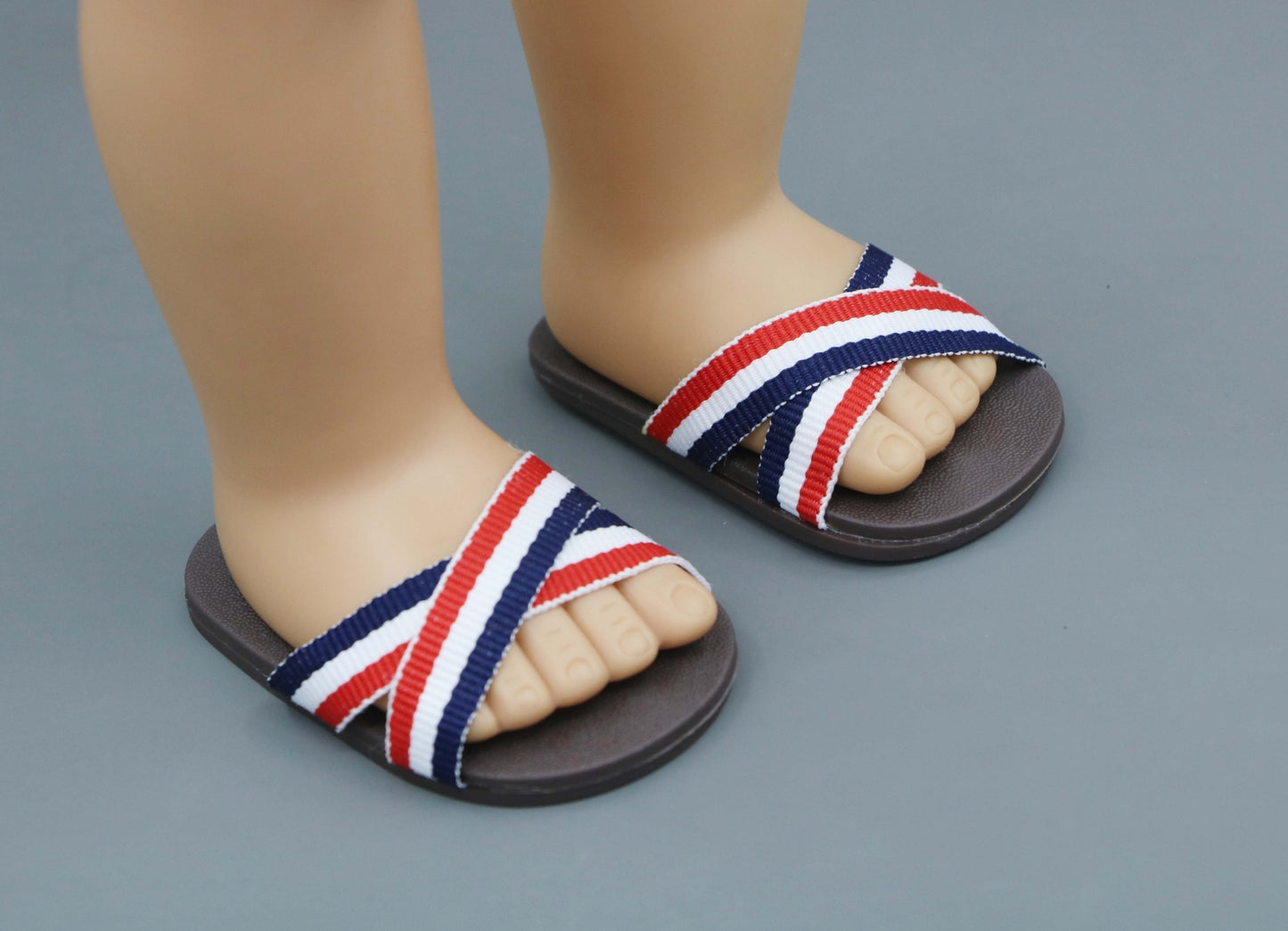 Fun Summer Cross-Strap Sandals for 18" Doll - Brown with Red, White & Blue Stripes