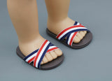 Fun Summer Cross-Strap Sandals for 18" Doll - Brown with Red, White & Blue Stripes