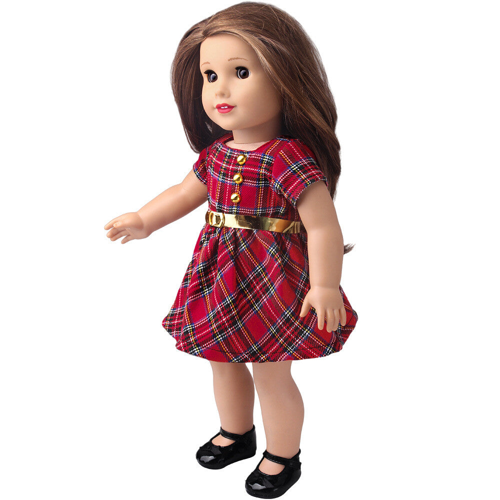 Checkered dress & belt made for 18'' doll outfit party clothes