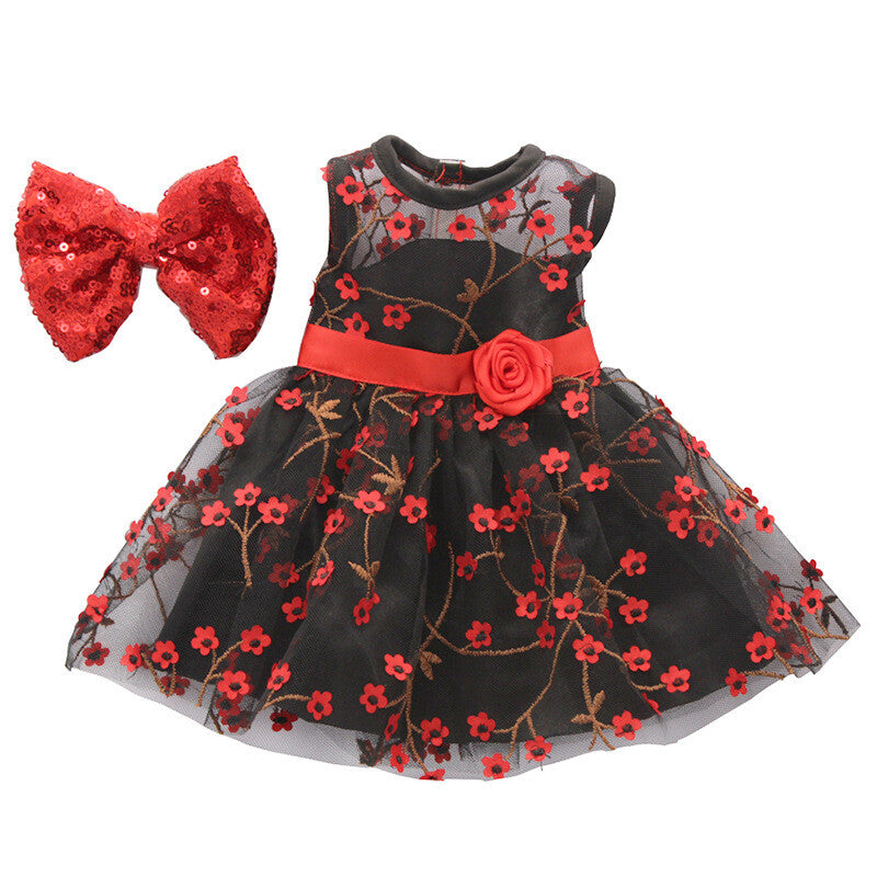 Black & Red Floral Tulle Dress with Bow Set | 18" Doll Party Outfit