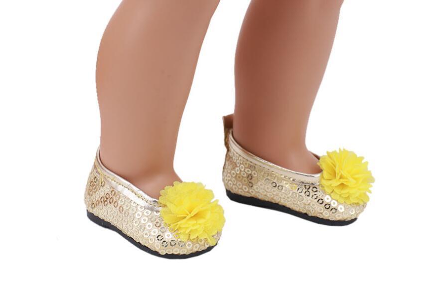 Yellow Sequin Flower Slip-On Flats made for 18'' doll shoes