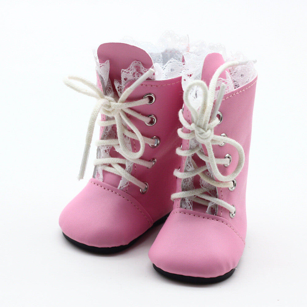 Pink Lace Trim Boots for 18" Doll | Lace-Up Doll Shoes