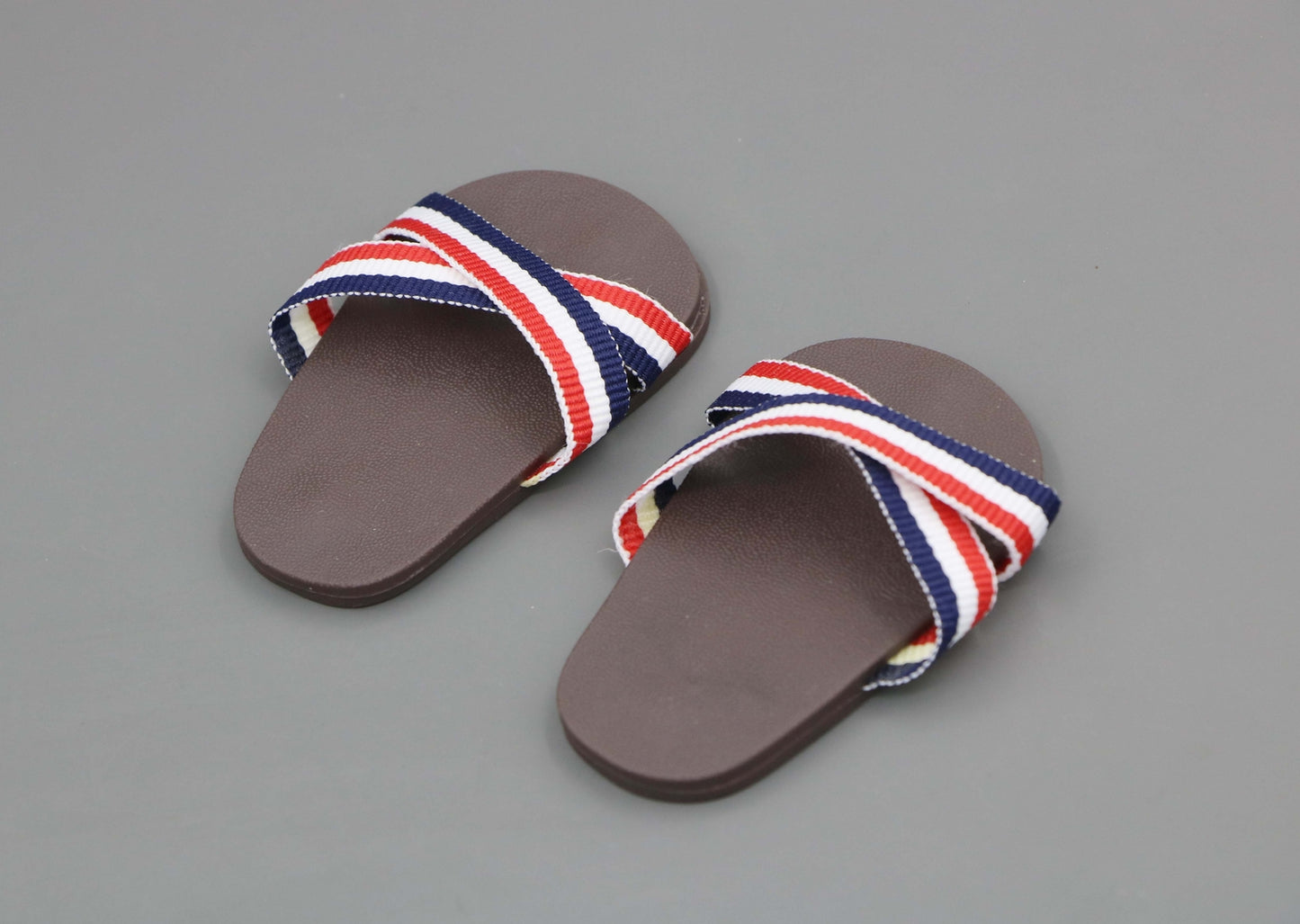 Fun Summer Cross-Strap Sandals for 18" Doll - Brown with Red, White & Blue Stripes