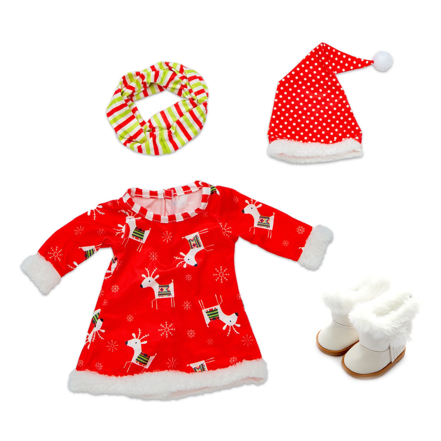 18" Doll Christmas Dress Outfit Set with Hat & Scarf (3 Styles)