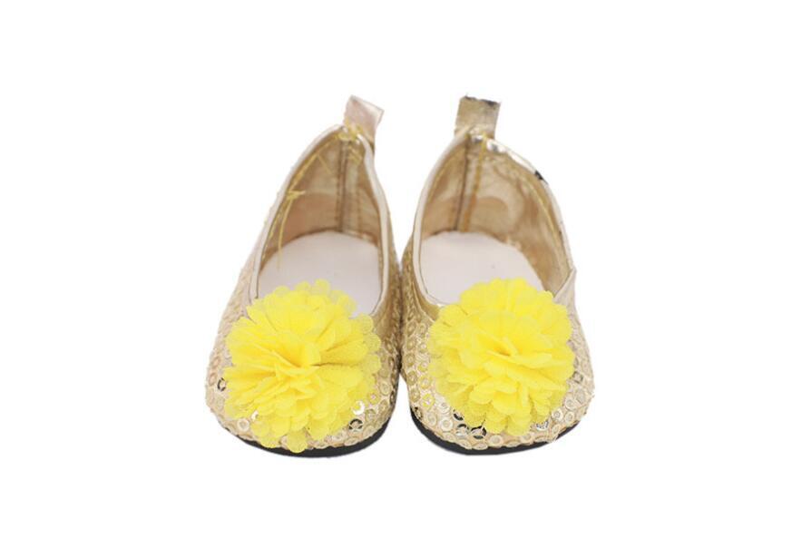 Yellow Sequin Flower Slip-On Flats made for 18'' doll shoes
