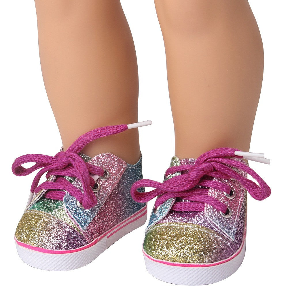 Sparkling Rainbow Glitter Sneakers | 18" Doll Shoes