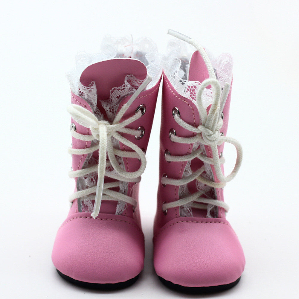 Pink Lace Trim Boots for 18" Doll | Lace-Up Doll Shoes