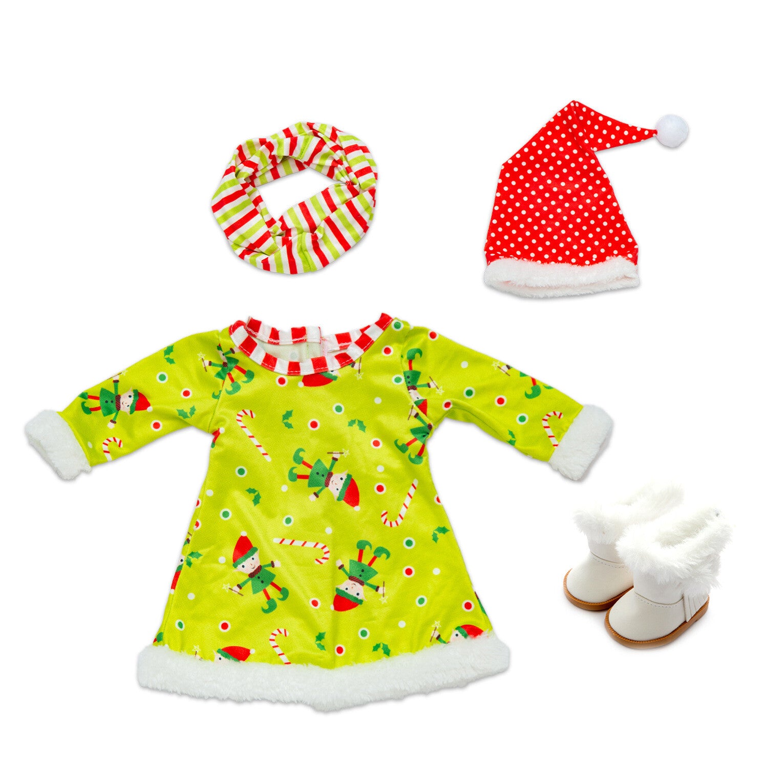 18" Doll Christmas Dress Outfit Set with Hat & Scarf (3 Styles)