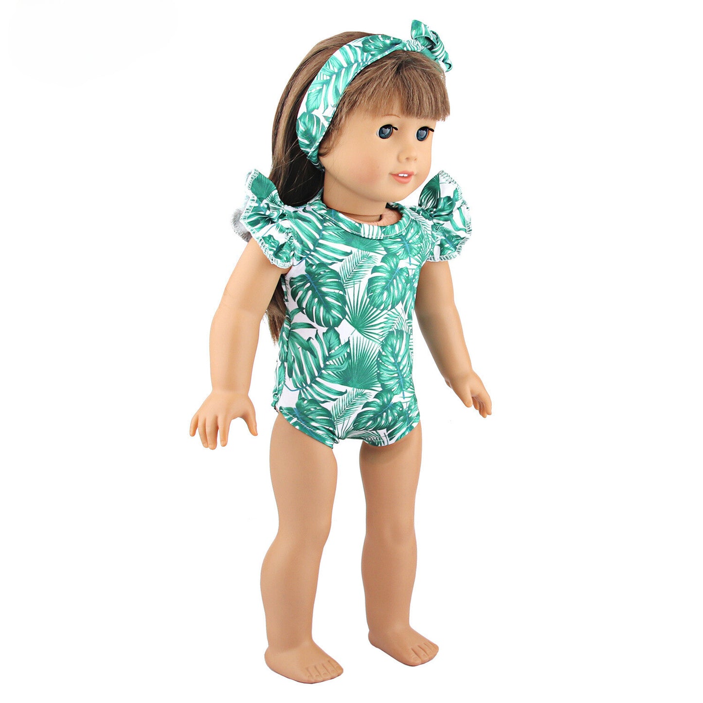 18" Doll Beach Swimsuit Outfit | Green Leaf Print with Hat & Headband