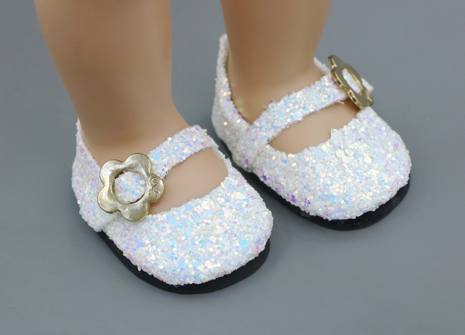 White Sequin Mary Jane Flats made for 18'' doll shoes