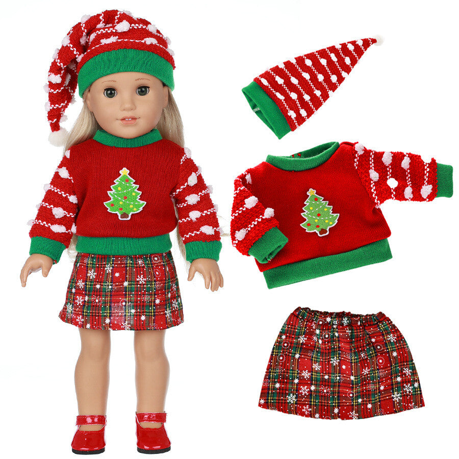 3-Piece Christmas Outfit Set | 18" Doll Sweater, Hat & Skirt