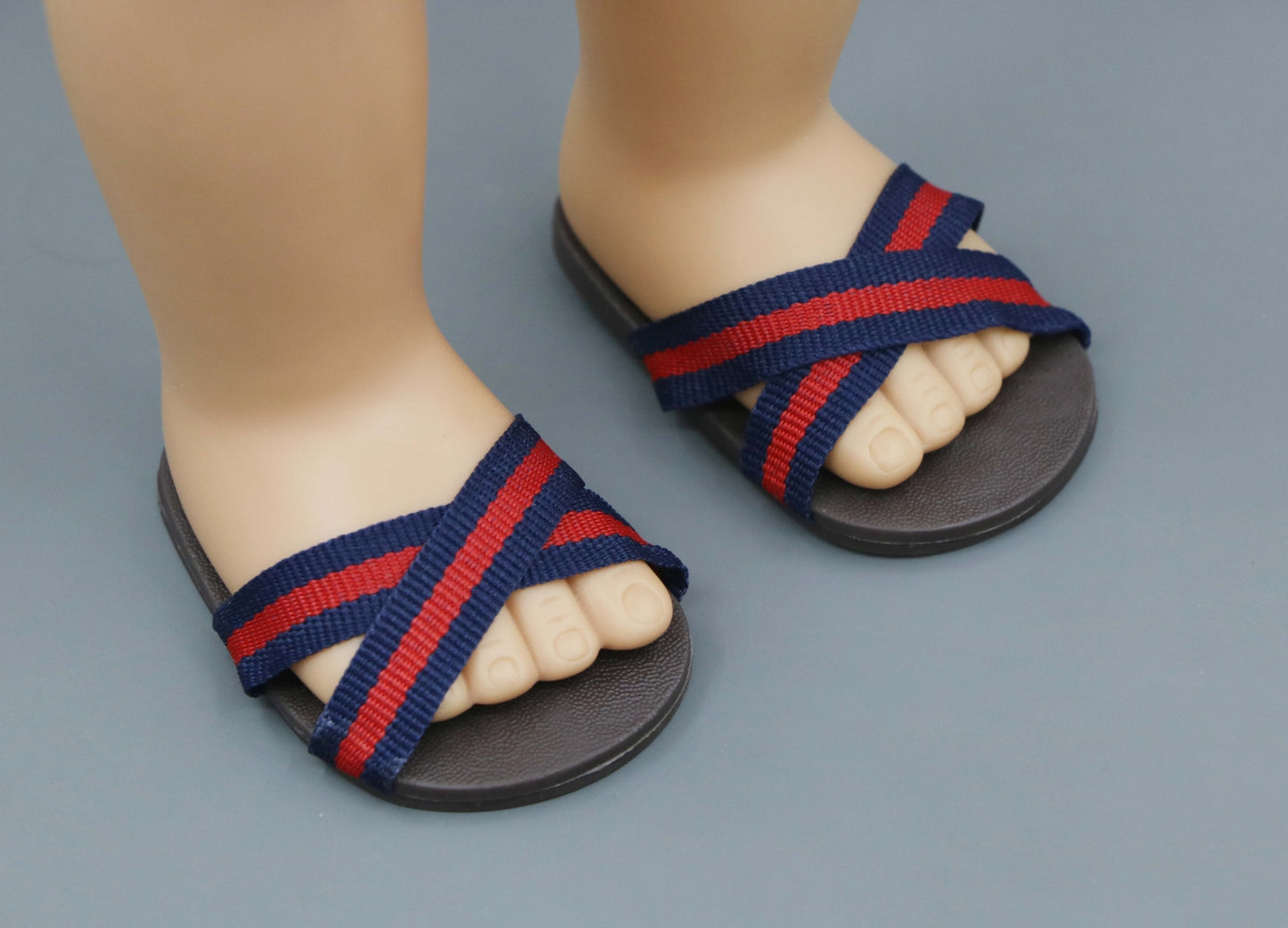 Summer Cross-Strap Sandals for 18" Doll - Brown with Red & Blue Stripes