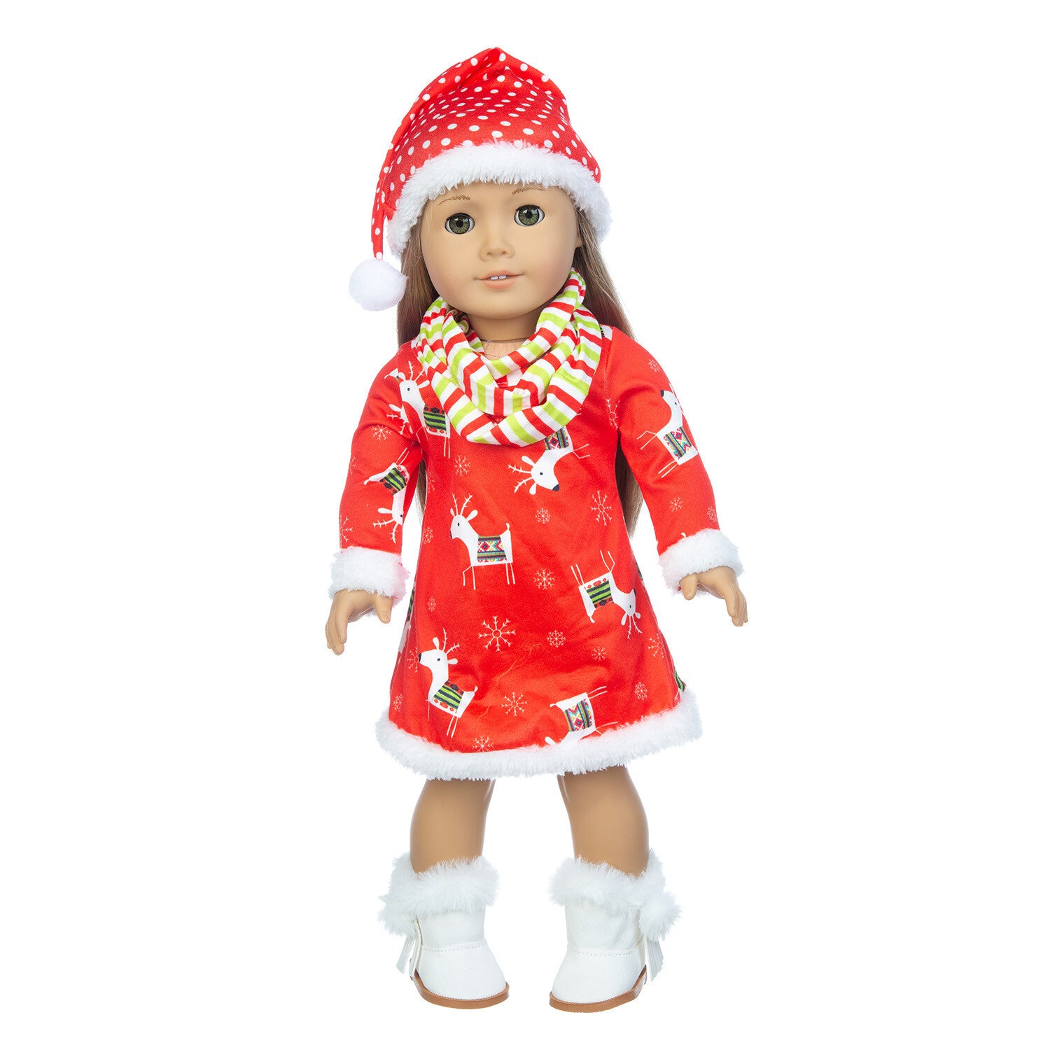 18" Doll Christmas Dress Outfit Set with Hat & Scarf (3 Styles)