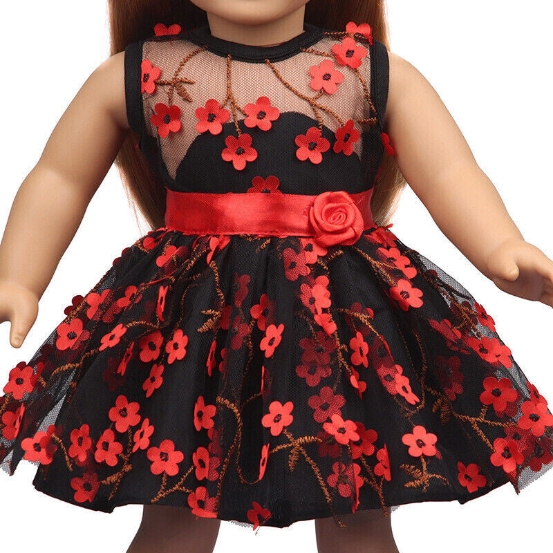 Black & Red Floral Tulle Dress with Bow Set | 18" Doll Party Outfit