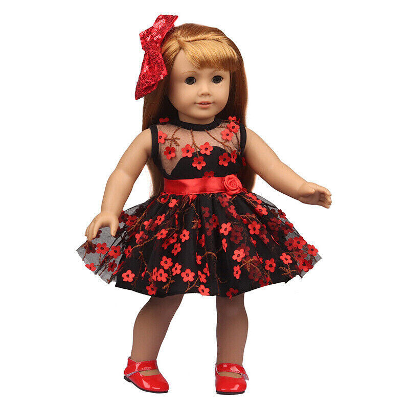 Black & Red Floral Tulle Dress with Bow Set | 18" Doll Party Outfit