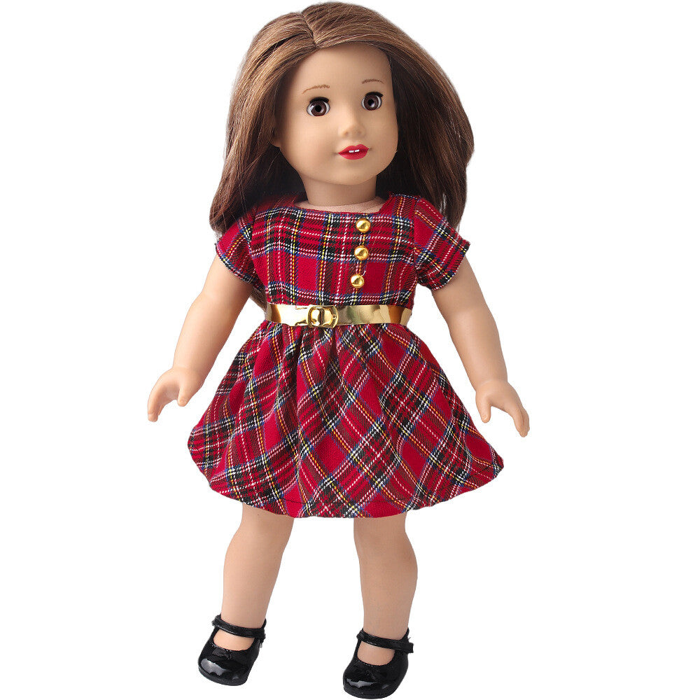 Checkered dress & belt made for 18'' doll outfit party clothes