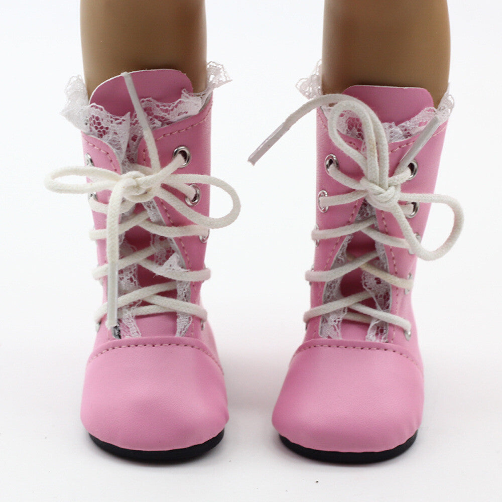 Pink Lace Trim Boots for 18" Doll | Lace-Up Doll Shoes