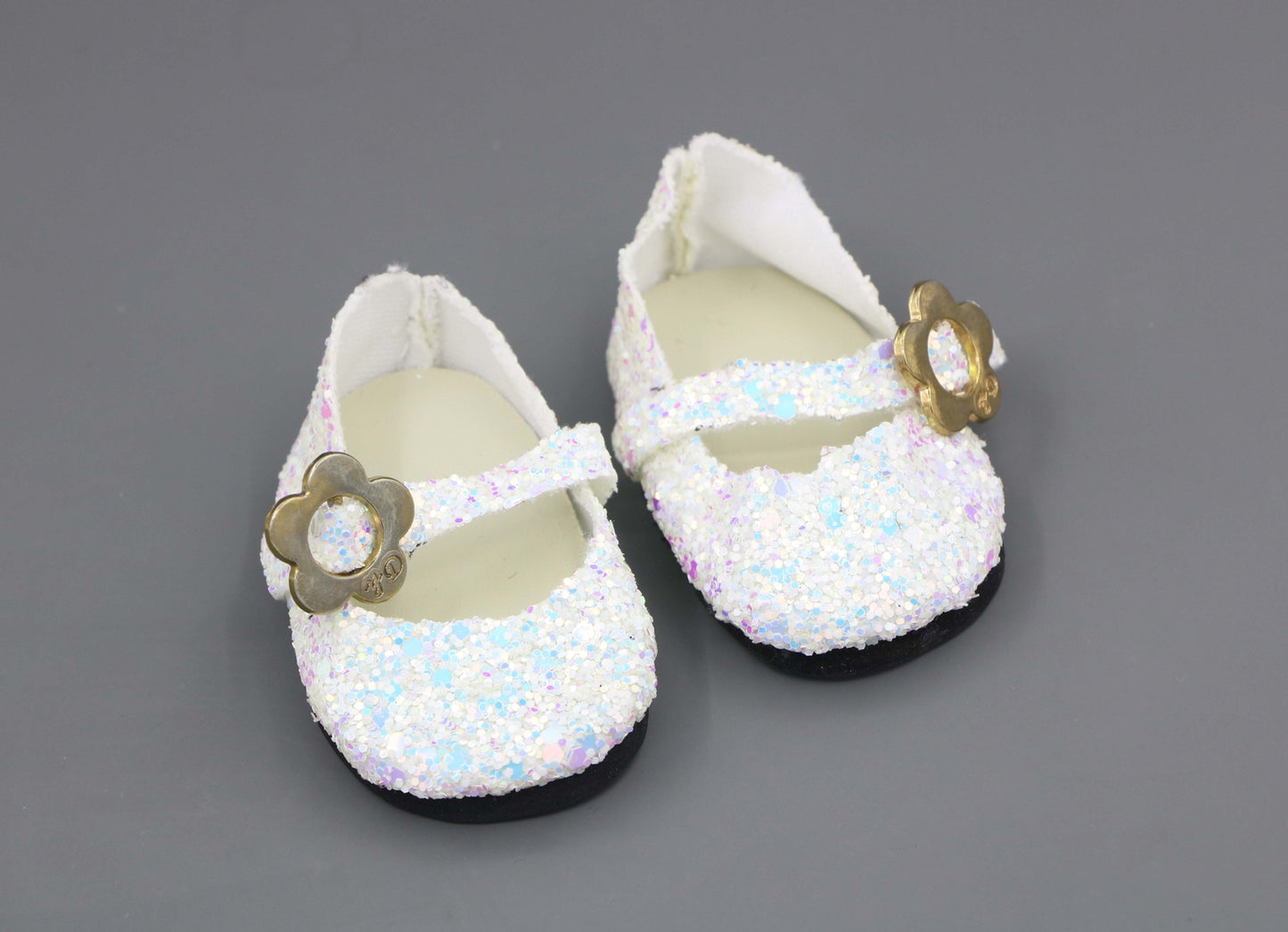 White Sequin Mary Jane Flats made for 18'' doll shoes