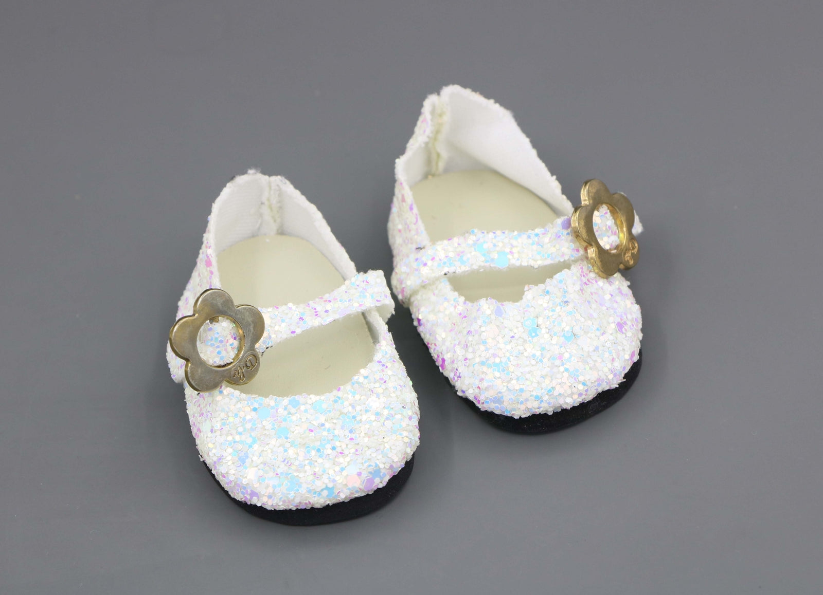White Sequin Mary Jane Flats made for 18'' doll shoes