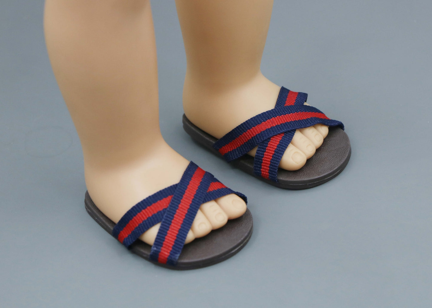 Summer Cross-Strap Sandals for 18" Doll - Brown with Red & Blue Stripes