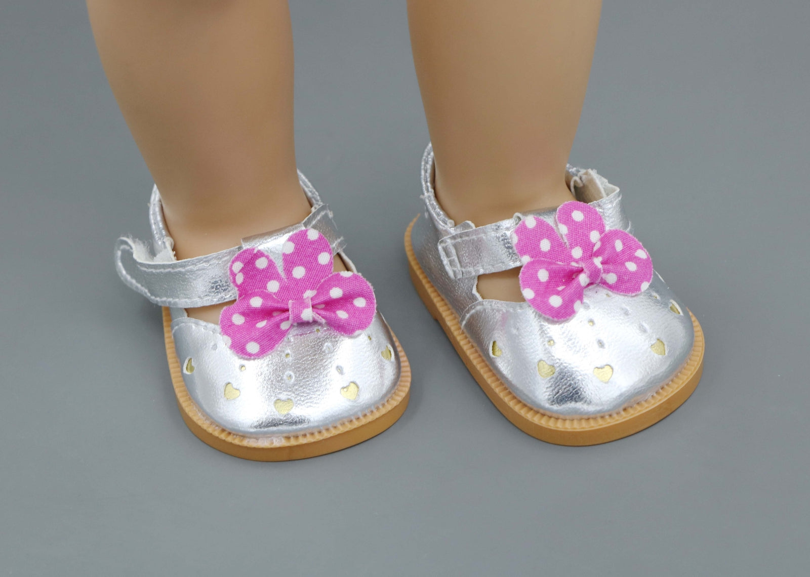 Silver Shimmer Flats with Pink Flower for 18" Doll shoes