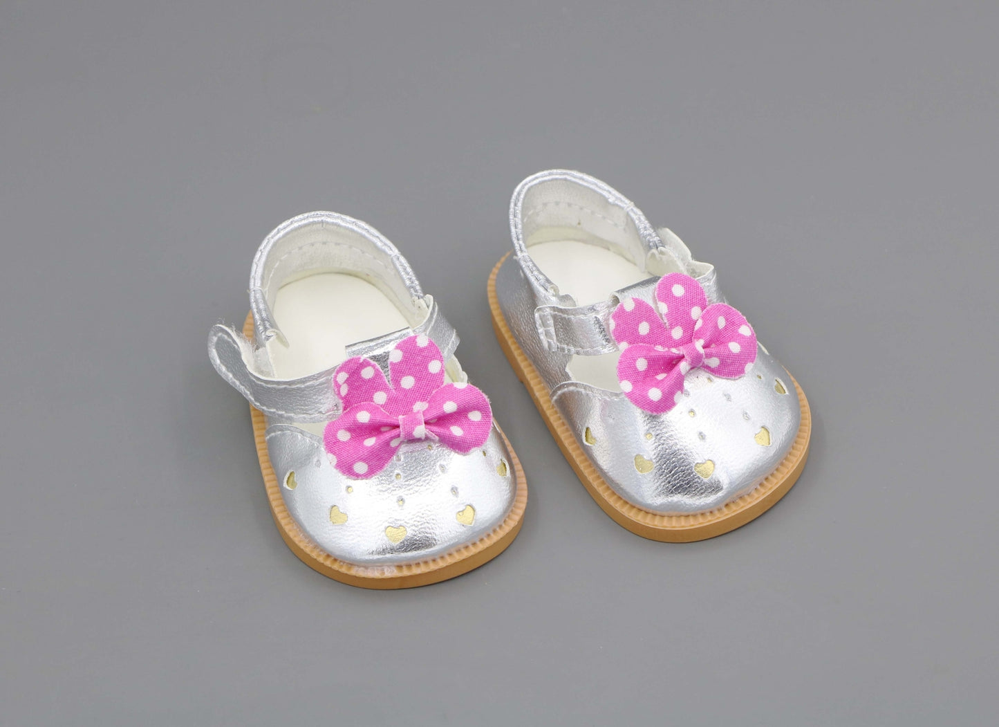 Silver Shimmer Flats with Pink Flower for 18" Doll shoes