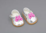 Silver Shimmer Flats with Pink Flower for 18" Doll shoes