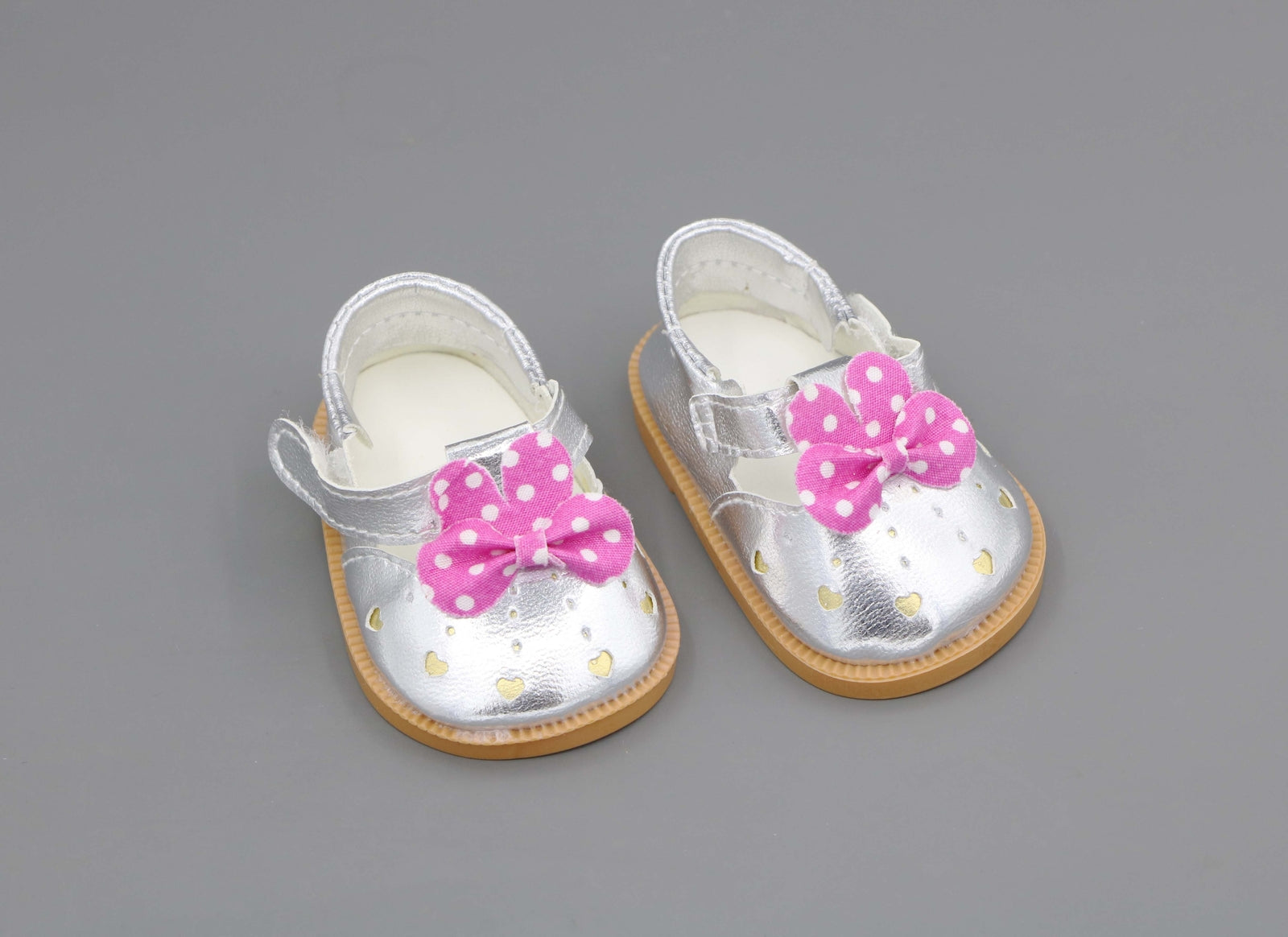 Silver Shimmer Flats with Pink Flower for 18" Doll shoes