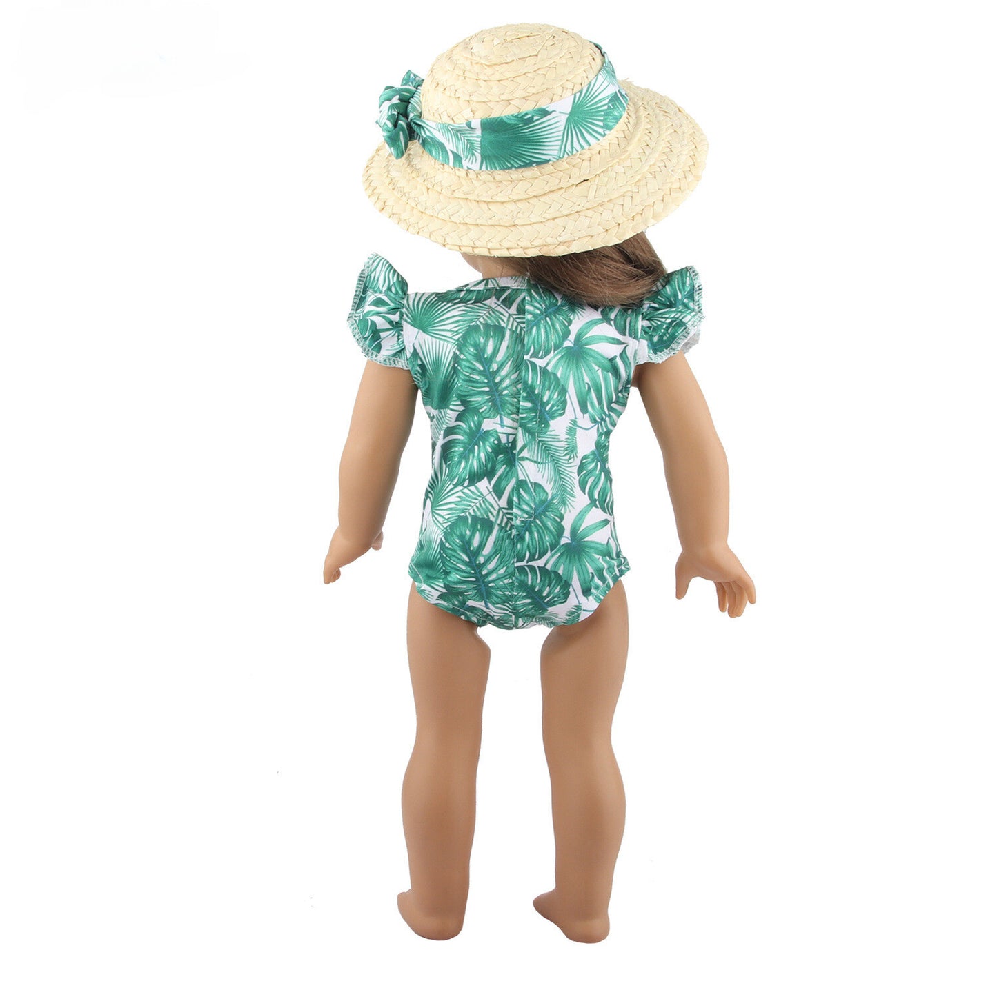 18" Doll Beach Swimsuit Outfit | Green Leaf Print with Hat & Headband