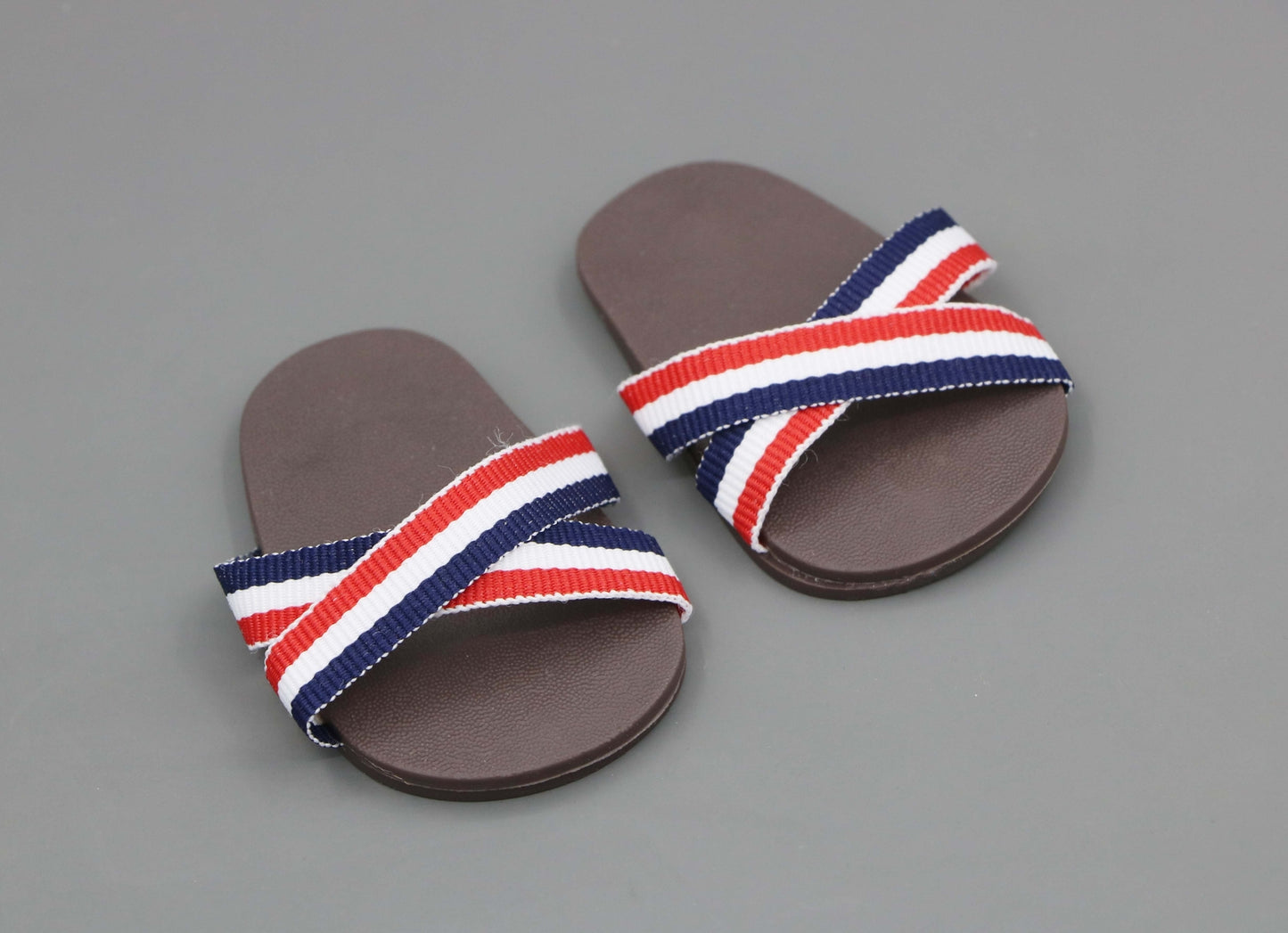 Fun Summer Cross-Strap Sandals for 18" Doll - Brown with Red, White & Blue Stripes