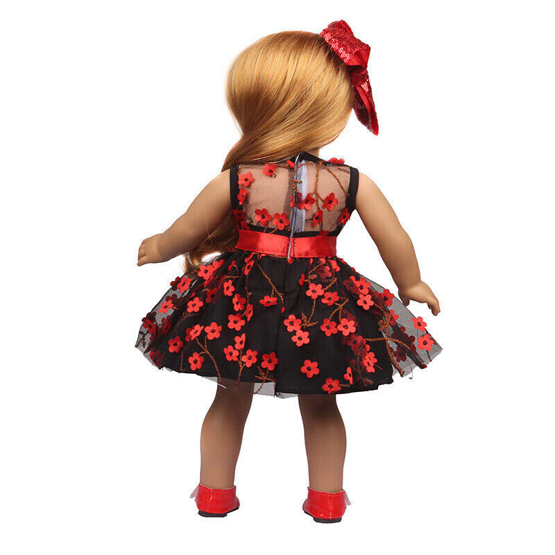 Black & Red Floral Tulle Dress with Bow Set | 18" Doll Party Outfit