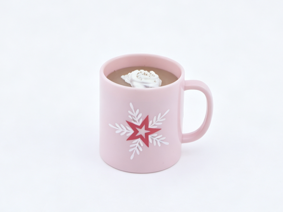 Pink Star Snowflake Mini Mug with Simulated Hot Cocoa Whipped Cream Winter Kitchen Prop Accessory for 18'' doll