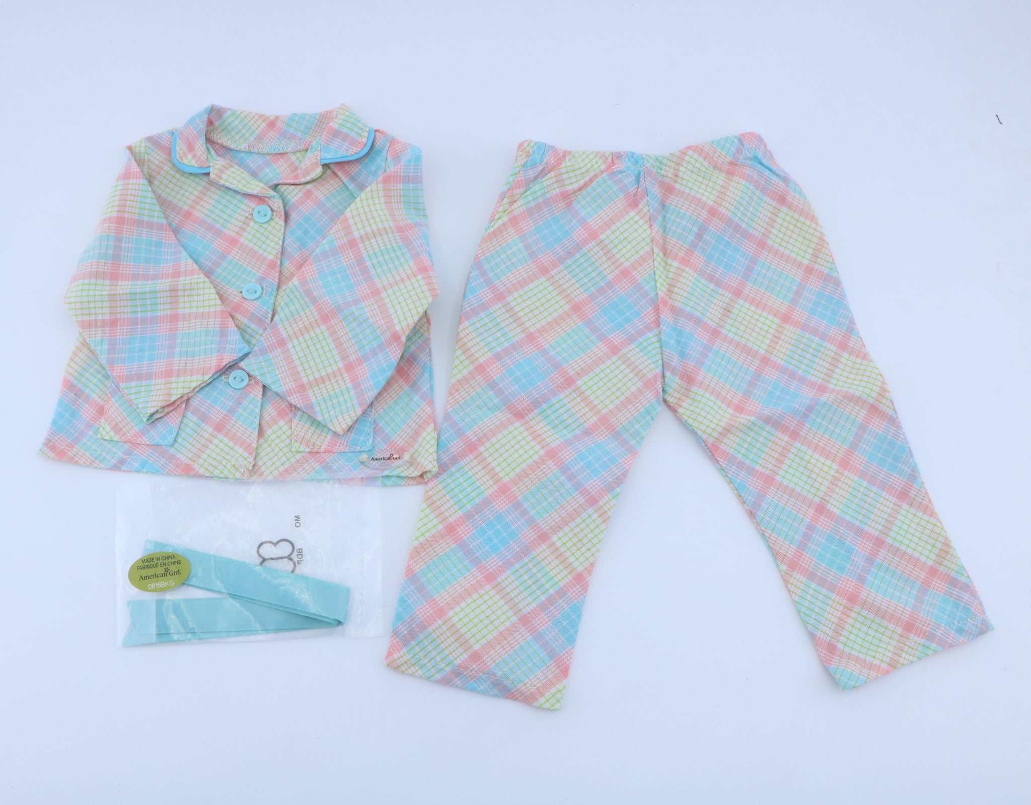 American Girl Pastel Plaid Pajama Set With Satin Headband - For 18" Dolls
